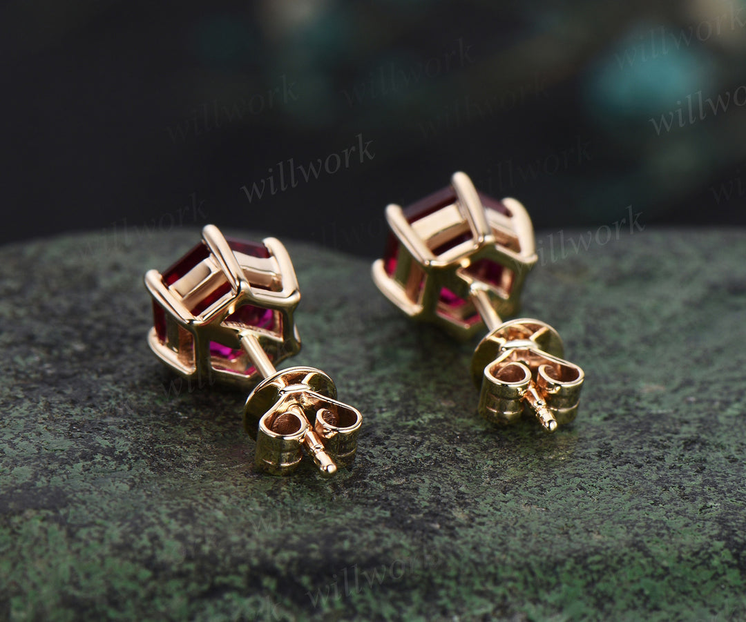 Hexagon cut red ruby stud earrings 14k yellow gold Solitaire Minimalist 6 prong earrings anniversary gift for women