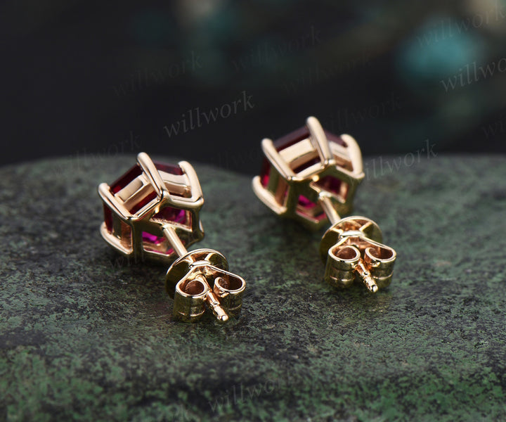 Hexagon cut red ruby stud earrings 14k yellow gold Solitaire Minimalist 6 prong earrings anniversary gift for women
