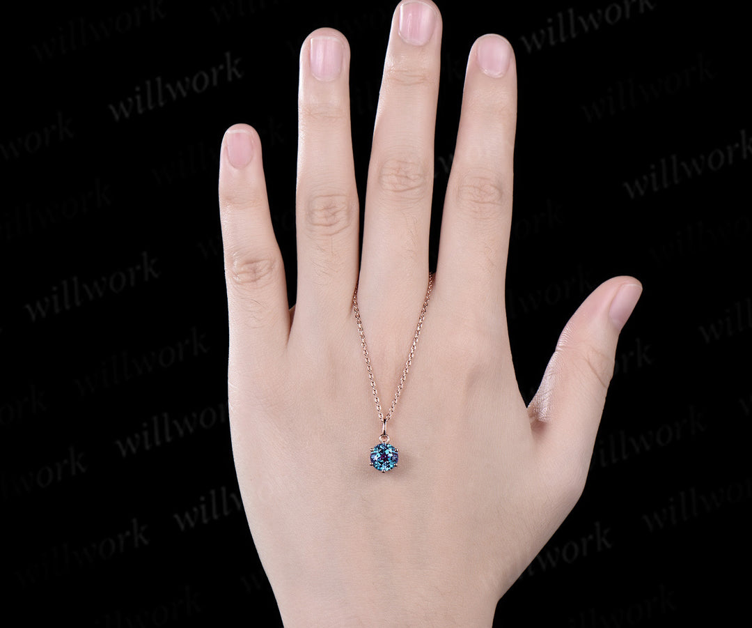 Round Cut Alexandrite Necklace Solid 14k 18k Rose Gold Vintage Unique Personalized 6 Prong Pendant For Women Her Gemstone Anniversary Bridal Gift Mother