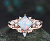 Square white opal engagement ring set cluster diamond rose gold ring women stacking promise wedding ring set