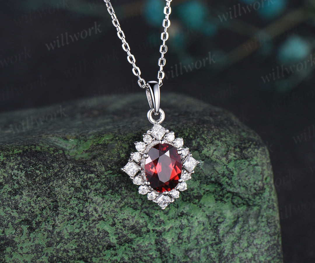 Vintage oval red garnet necklace solid 14k 18k rose gold art deco princess moissanite diamond necklace pendant women bridal promise gift