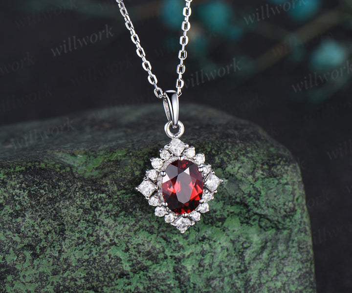 Vintage oval red garnet necklace solid 14k 18k rose gold art deco princess moissanite diamond necklace pendant women bridal promise gift