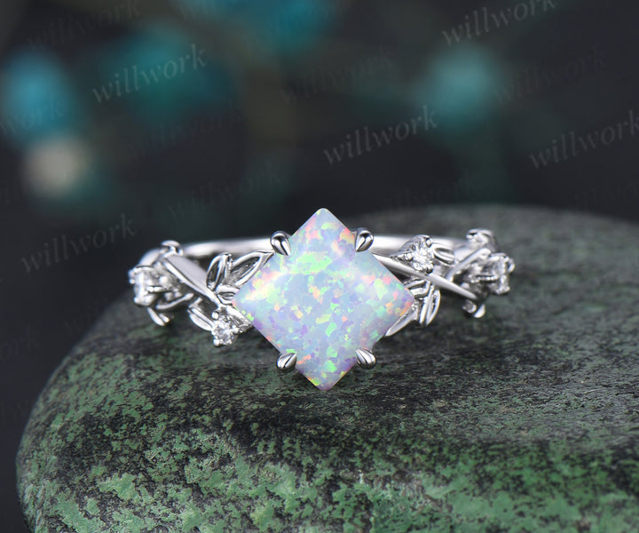 Princess white opal engagement ring set 14k rose gold five stone leaf branch Nature inspired alexandrite diamond bridal ring set women gift