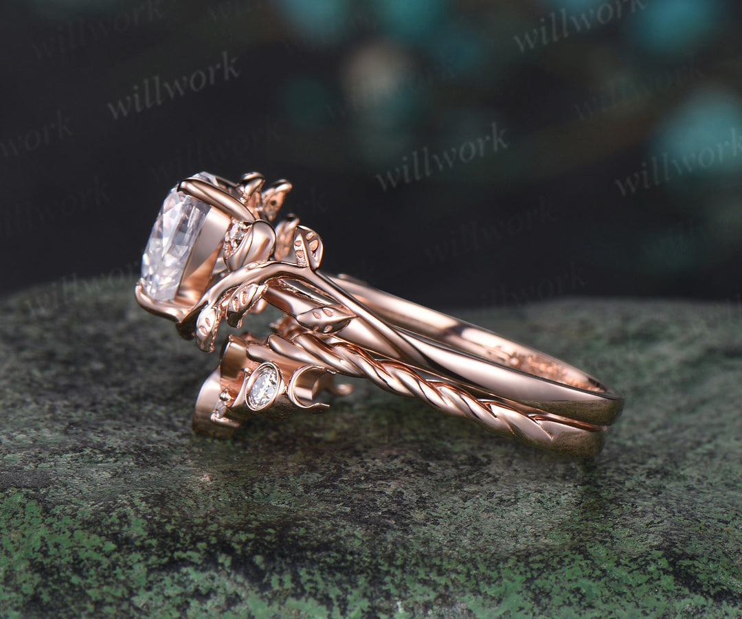 Vintage heart IGI lab-grown diamond engagement ring rose gold twig leaf Nature inspired moon diamond-accented Celtic knot wedding ring set