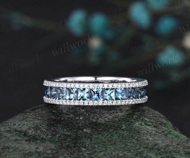 Vintage Princess Cut Alexandrite Wedding Band Full Eternity Diamond Wedding Ring white gold June Birthstone anniversary ring gift