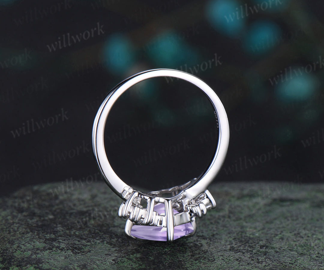 Unique Asscher cut lavender amethyst engagement ring alexandrite diamond cluster proposal ring crystal wedding ring for women