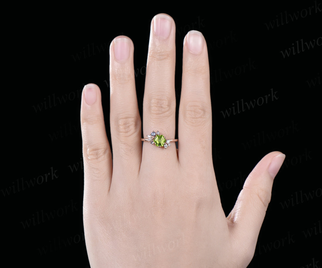 Hexagon cut natural peridot ring rose gold unique cluster engagement ring 6 prong alexandrite diamond anniversary ring jewelry