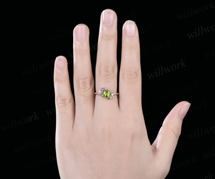 Hexagon cut natural peridot ring rose gold unique cluster engagement ring 6 prong alexandrite diamond anniversary ring jewelry