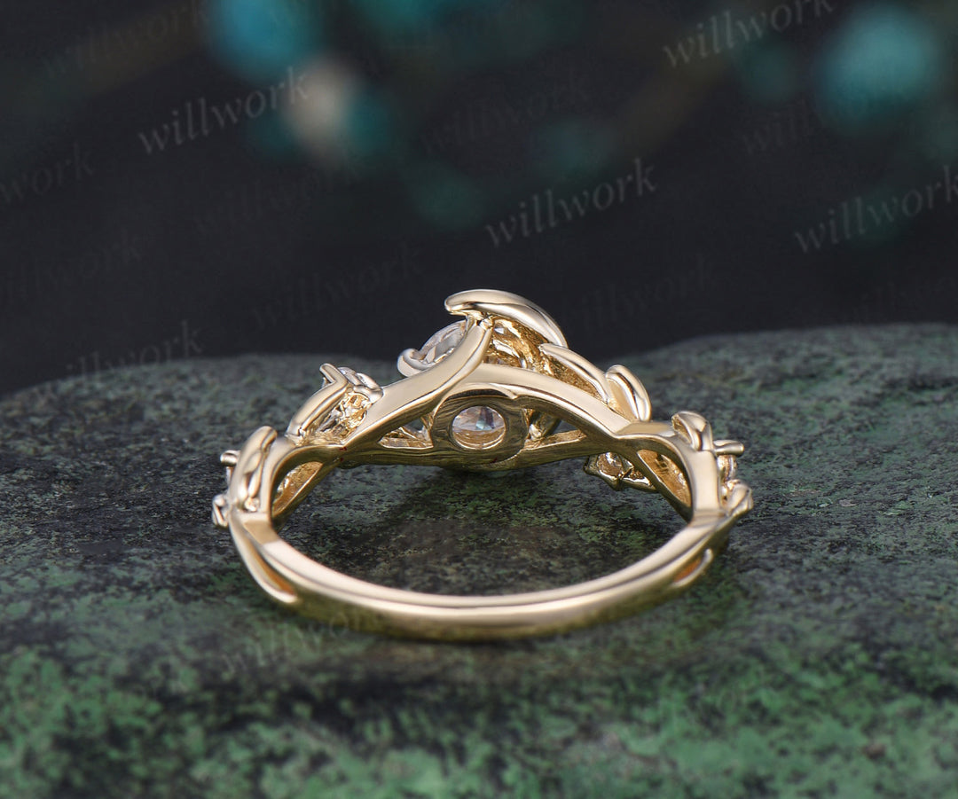 Vintage round cut IGI Lab grown diamond engagement ring solid 14k 18k yellow gold Moon leaf star promise wedding ring women jewelry