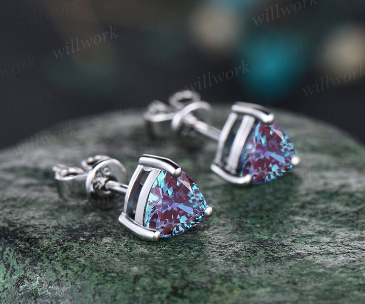 Trillion cut alexandrite earring studs minimalism unique earrings sterling silver 14k/18k white gold earrings for women birthstone gifts for her
