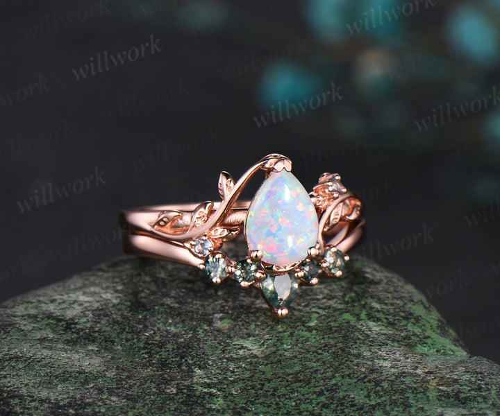Vintage pear White Opal engagement ring rose gold cluster leaf Moss Agate nature inspired bridal promise wedding ring set women