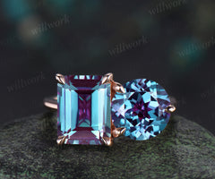 Toi et Moi ring emerald round cut alexandrite engagement ring solid 14k rose gold personalized simple wedding ring June birthstone anniversary bridal gifts