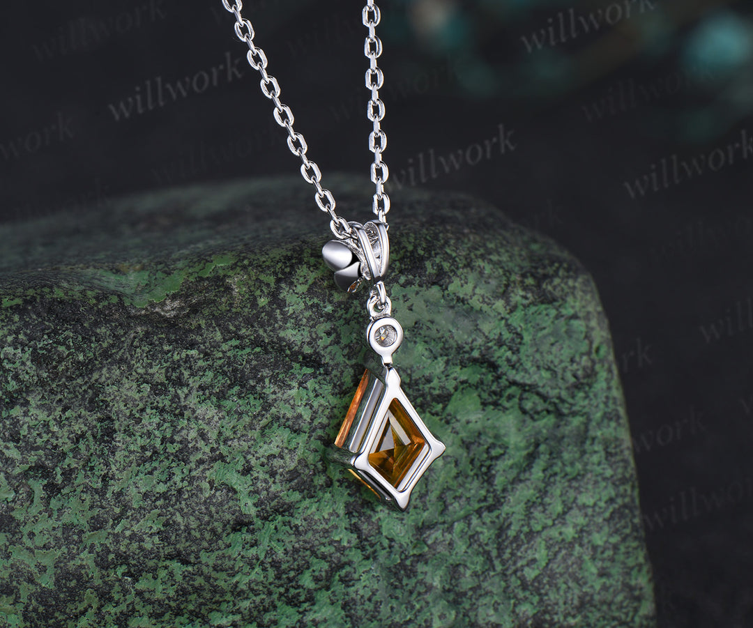 Kite cut citrine necklace solid 14k 18k yellow gold bezel diamond floral pendant women her gemstone anniversary bridal gift mother jewelry
