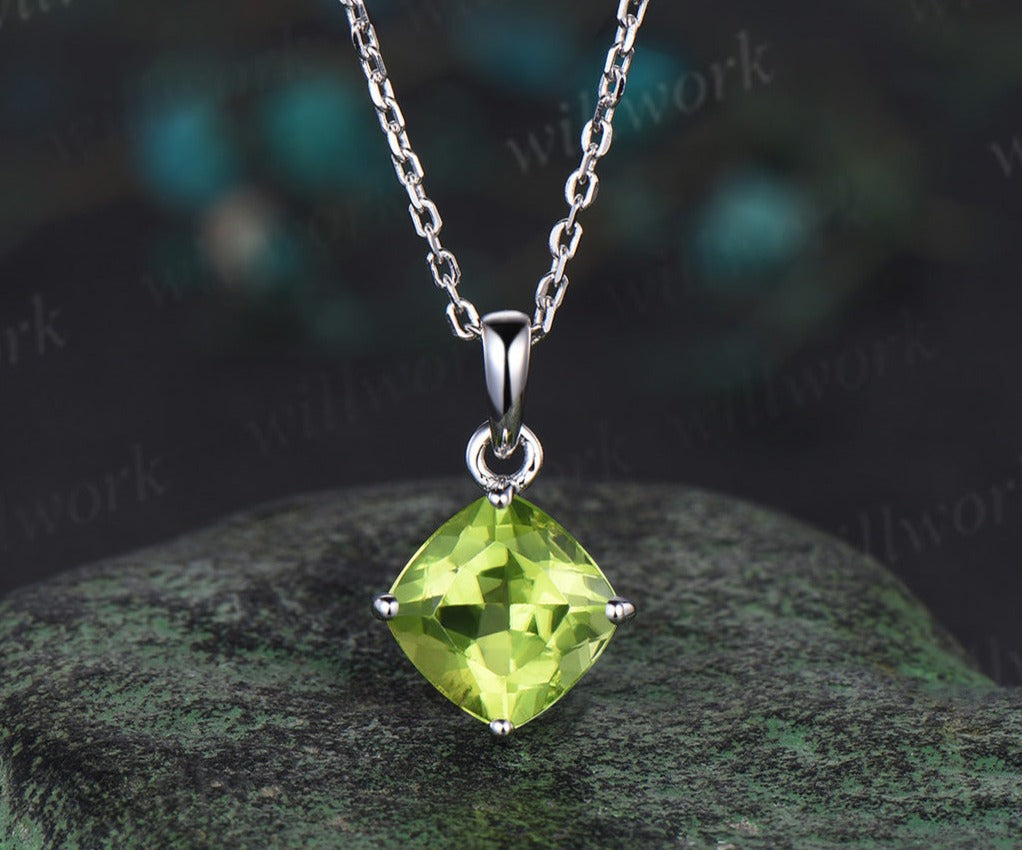 Dainty cushion cut peridot Necklace solid 14k white gold square