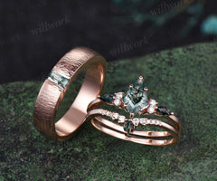 Captivating Moss Agate Kite Ring Set | Refined baguette Moss Agate Men's Ring 14K rose gold couple set jewellery Perfect for Valentine's Day Gifts and Thoughtful Presents for Her