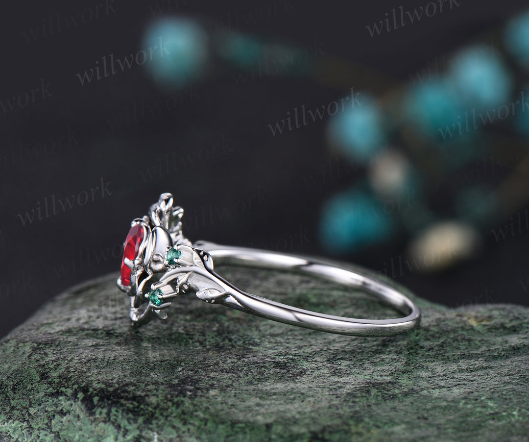 Unique Round Cut Garnet Engagement Ring Floral Leaf Art Deco Vine Wrapped emerald Ring 14k White Gold Engagement ring Anniversary Gift Ring