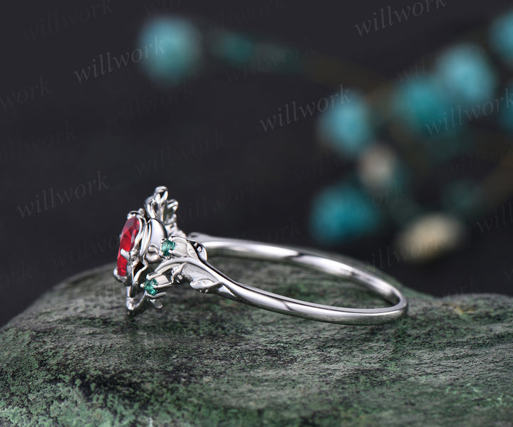 Unique Round Cut Garnet Engagement Ring Floral Leaf Art Deco Vine Wrapped emerald Ring 14k White Gold Engagement ring Anniversary Gift Ring