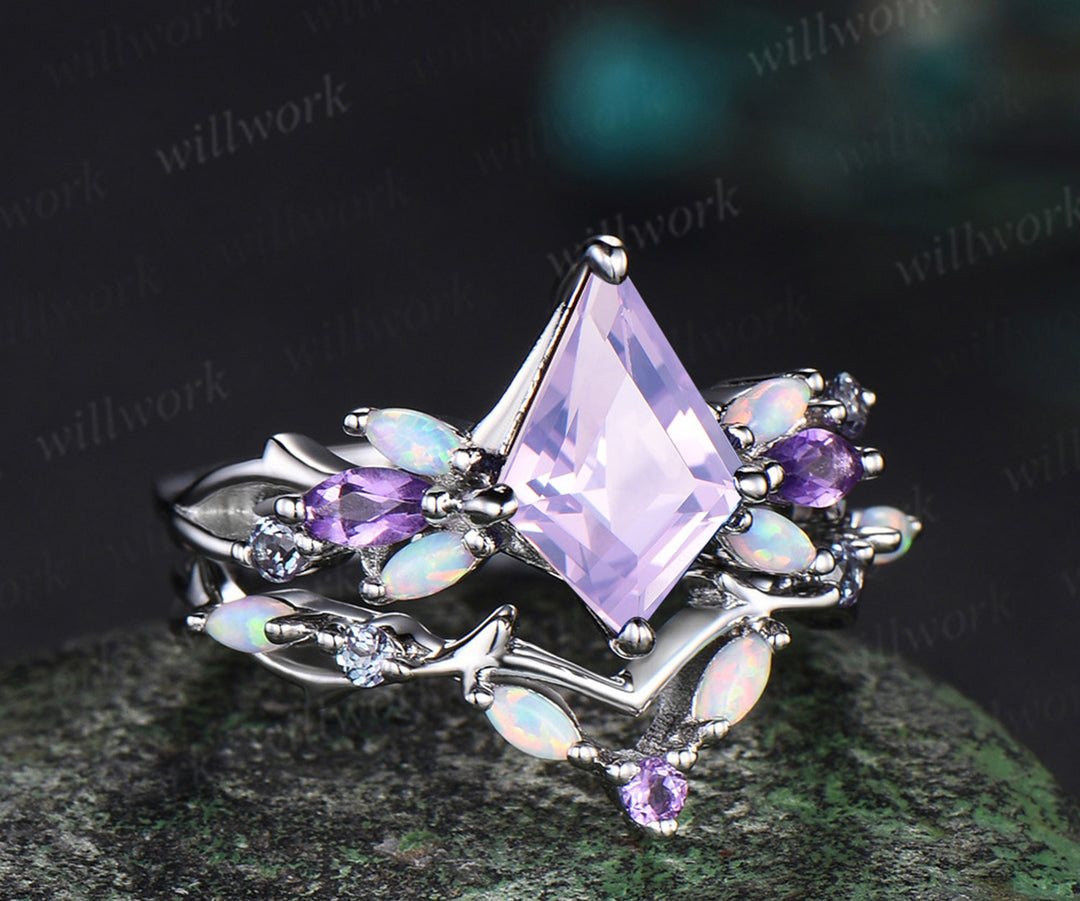 Enchanting kite cut 14k Gold Lavender Amethyst Butterfly Engagement Ring Set with Vine Branch Accents