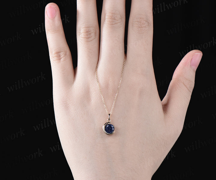 Round cut blue sandstone pendant necklace dainty moon yellow gold pendant unique crescent necklace best friend gifts jewelry