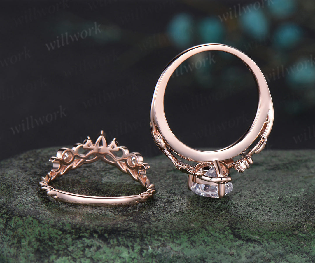 Vintage heart IGI lab-grown diamond engagement ring rose gold twig leaf Nature inspired moon diamond-accented Celtic knot wedding ring set