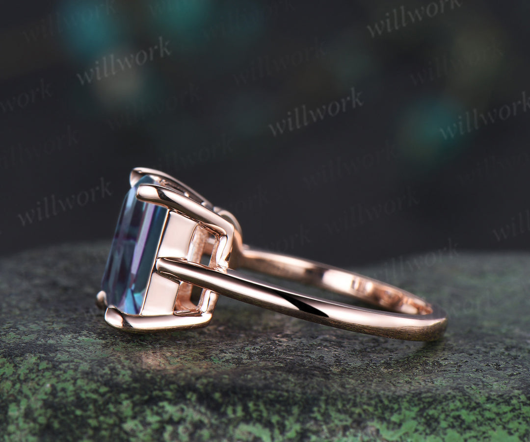 Toi et Moi ring emerald round cut alexandrite engagement ring solid 14k rose gold personalized simple wedding ring June birthstone anniversary bridal gifts