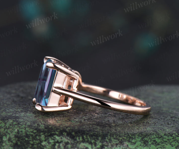 Toi et Moi ring emerald round cut alexandrite engagement ring solid 14k rose gold personalized simple wedding ring June birthstone anniversary bridal gifts