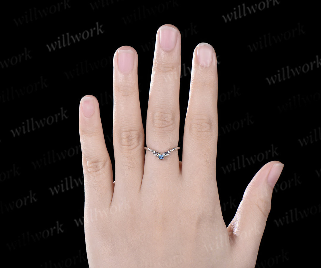 Curved alexandrite wedding band 14k white gold wing stacking anniversary wedding ring women gift