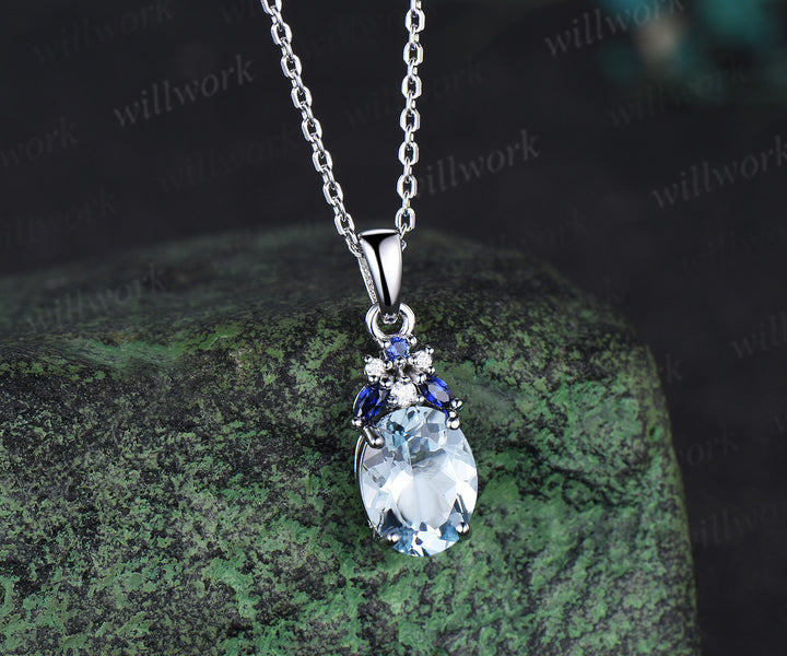 Oval cut natural aquamarine necklace solid 14k white gold cluster sapphire Pendant For Women Anniversary Gifts
