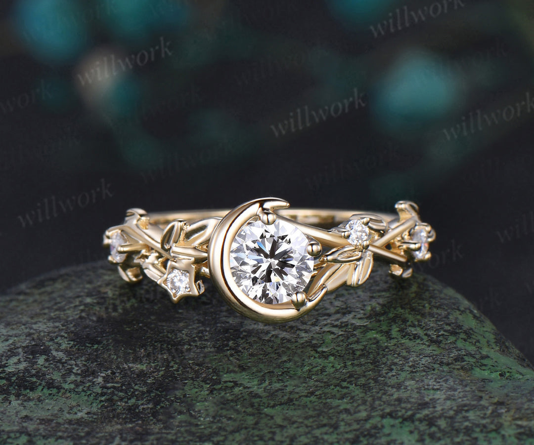 Vintage round cut IGI Lab grown diamond engagement ring solid 14k 18k yellow gold Moon leaf star promise wedding ring women jewelry