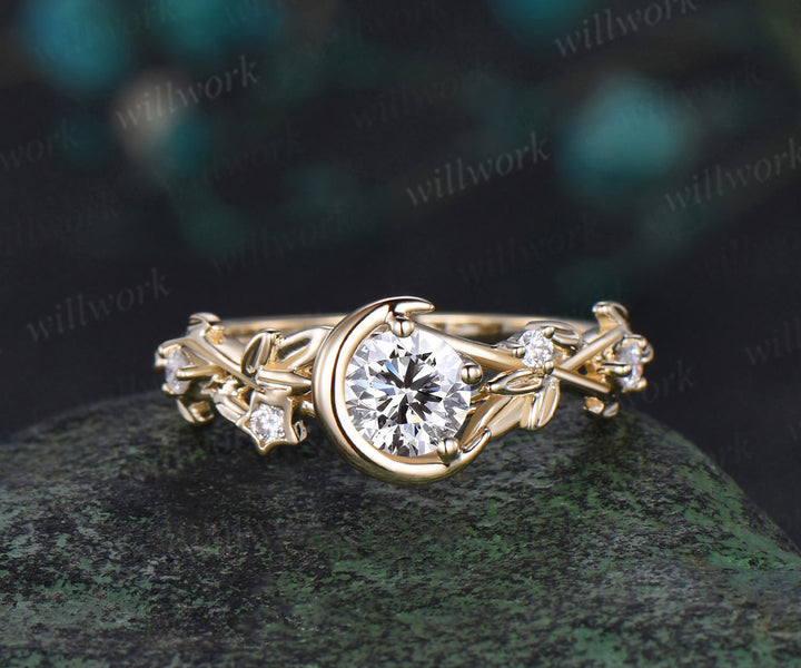 Vintage round cut IGI Lab grown diamond engagement ring solid 14k 18k yellow gold Moon leaf star promise wedding ring women jewelry