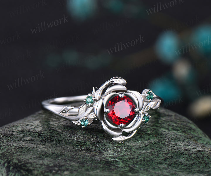 Unique Round Cut Garnet Engagement Ring Floral Leaf Art Deco Vine Wrapped emerald Ring 14k White Gold Engagement ring Anniversary Gift Ring