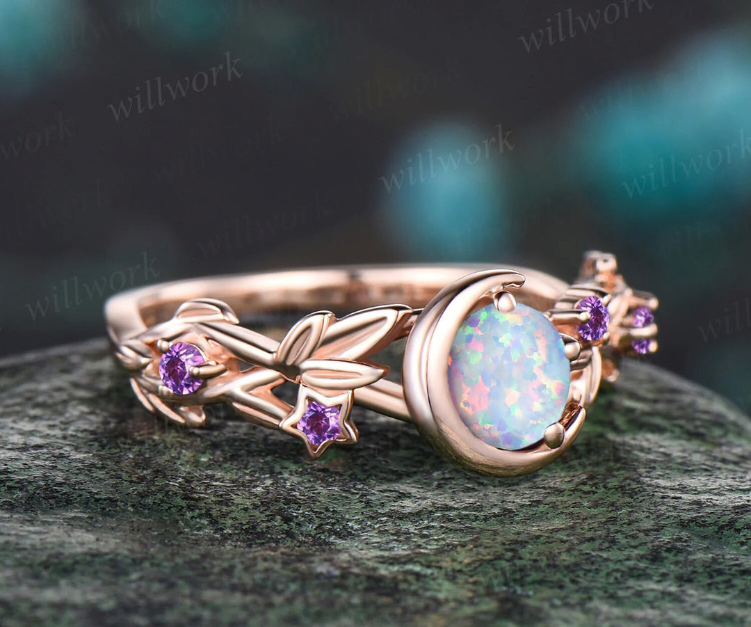Round Cut Opal October birthstone Engagement Ring Unique Amethyst Moon Star Wedding Ring Leaf Vine Twig Branch Nature Inspired Anniversary Ring Jewelry Gift