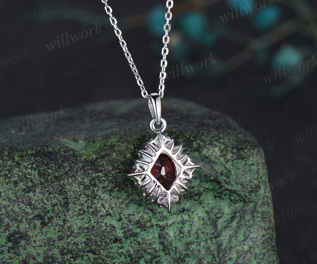Vintage oval red garnet necklace solid 14k 18k rose gold art deco princess moissanite diamond necklace pendant women bridal promise gift