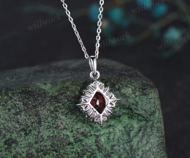Vintage oval red garnet necklace solid 14k 18k rose gold art deco princess moissanite diamond necklace pendant women bridal promise gift