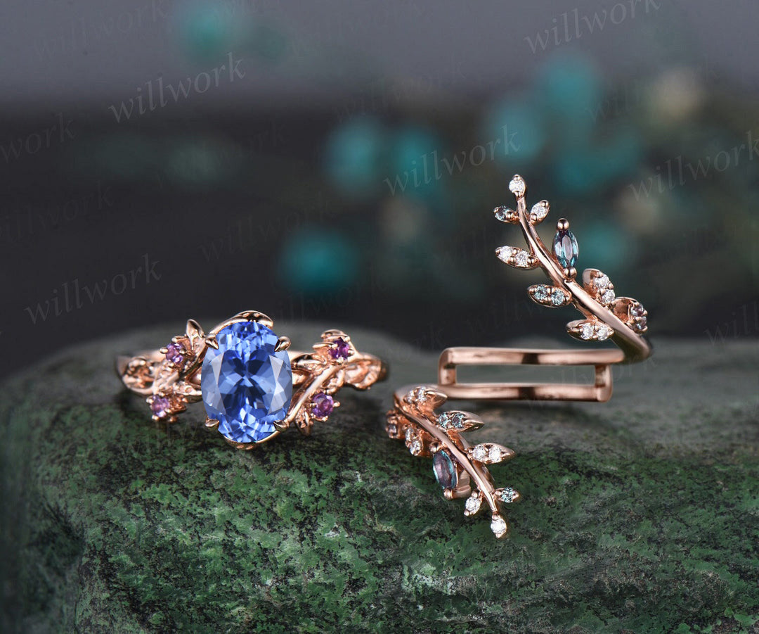 Vintage oval tanzanite engagement ring nature inspired leaf amethyst ring wedding band enhancer twisted bridal ring set women