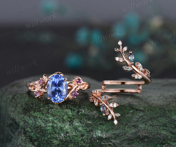 Vintage oval tanzanite engagement ring nature inspired leaf amethyst ring wedding band enhancer twisted bridal ring set women