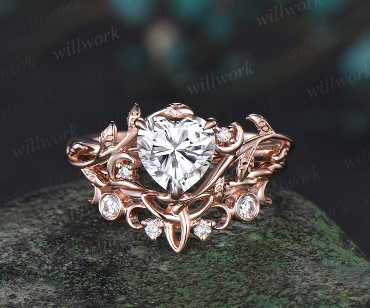 Vintage heart IGI lab-grown diamond engagement ring rose gold twig leaf Nature inspired moon diamond-accented Celtic knot wedding ring set