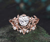 Vintage heart IGI lab-grown diamond engagement ring rose gold twig leaf Nature inspired moon diamond-accented Celtic knot wedding ring set