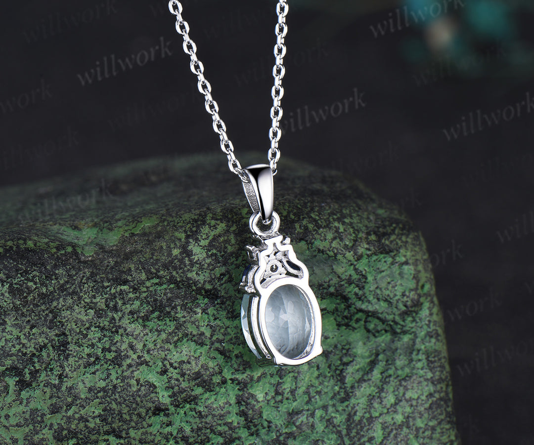 Oval cut natural aquamarine necklace solid 14k white gold cluster sapphire Pendant For Women Anniversary Gifts