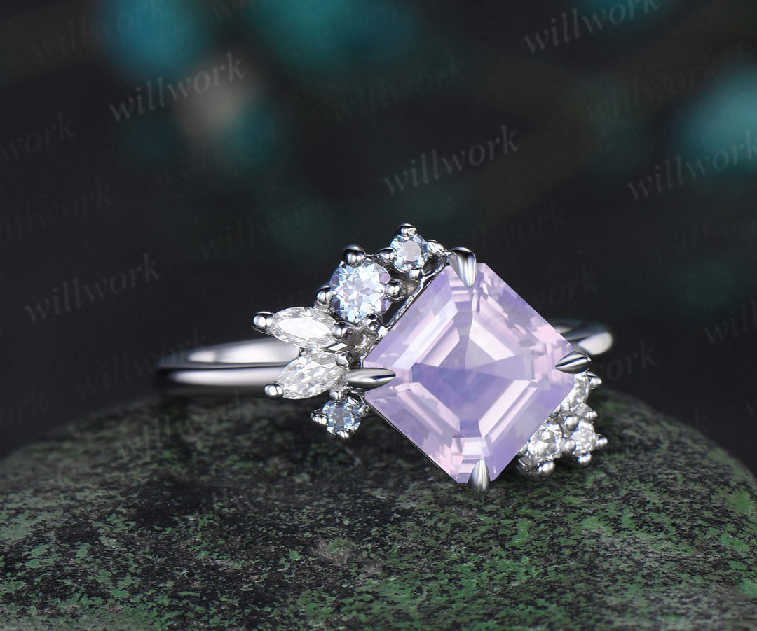 Unique Asscher cut lavender amethyst engagement ring alexandrite diamond cluster proposal ring crystal wedding ring for women
