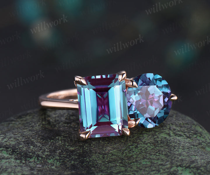 Toi et Moi ring emerald round cut alexandrite engagement ring solid 14k rose gold personalized simple wedding ring June birthstone anniversary bridal gifts
