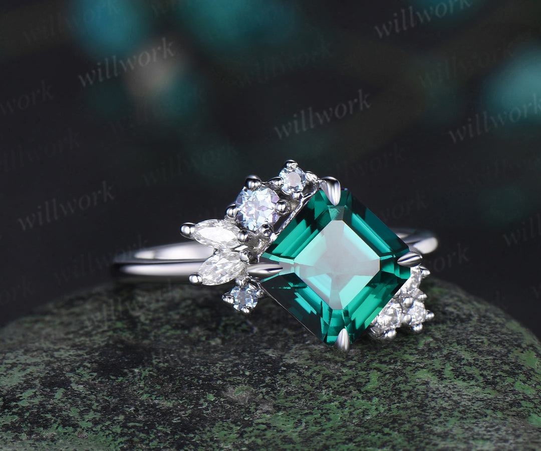 Asscher cut emerald engagement ring alexandrite & diamond cluster unique proposal ring June birthstone promise ring for her