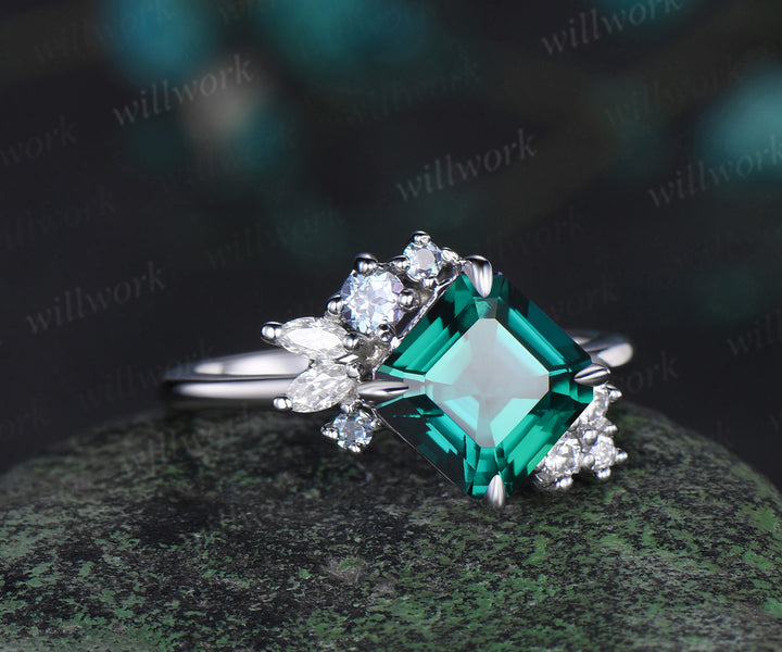 Asscher cut emerald engagement ring alexandrite & diamond cluster unique proposal ring June birthstone promise ring for her