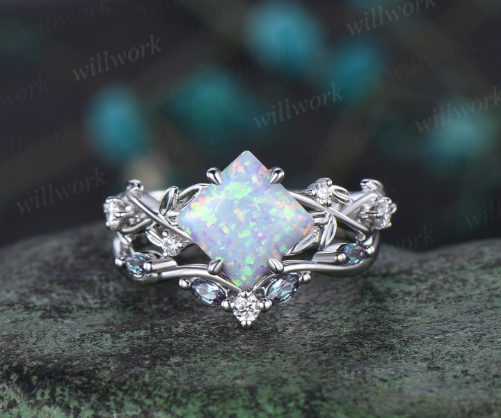 Princess white opal engagement ring set 14k rose gold five stone leaf branch Nature inspired alexandrite diamond bridal ring set women gift