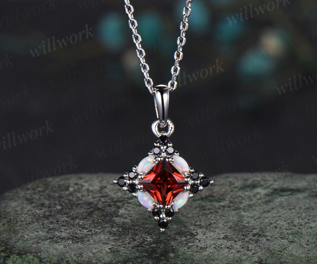 Luxury Princess Cut Necklace Natural 5mm Garnet  Pendant Minimalist  Marquise Opal Black Spinel Geometric January Birthstone Jewelry Anniversary Gift