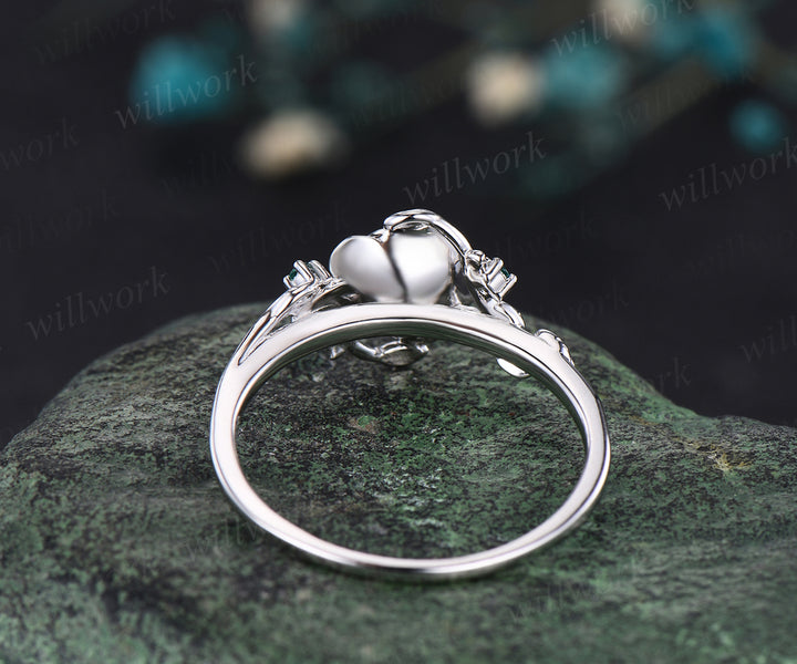 Unique Round Cut Garnet Engagement Ring Floral Leaf Art Deco Vine Wrapped emerald Ring 14k White Gold Engagement ring Anniversary Gift Ring