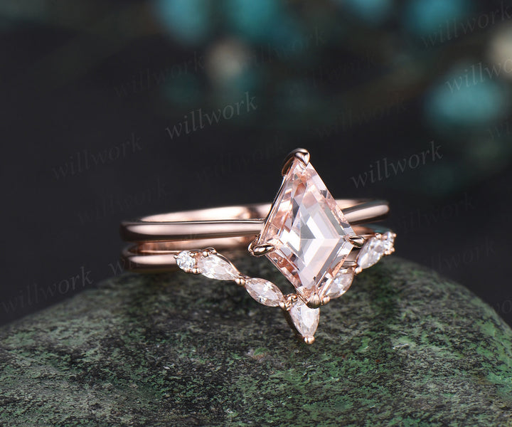 Kite cut morganite engagement ring solid 14k rose gold Solitaire ring unique bridal ring set women