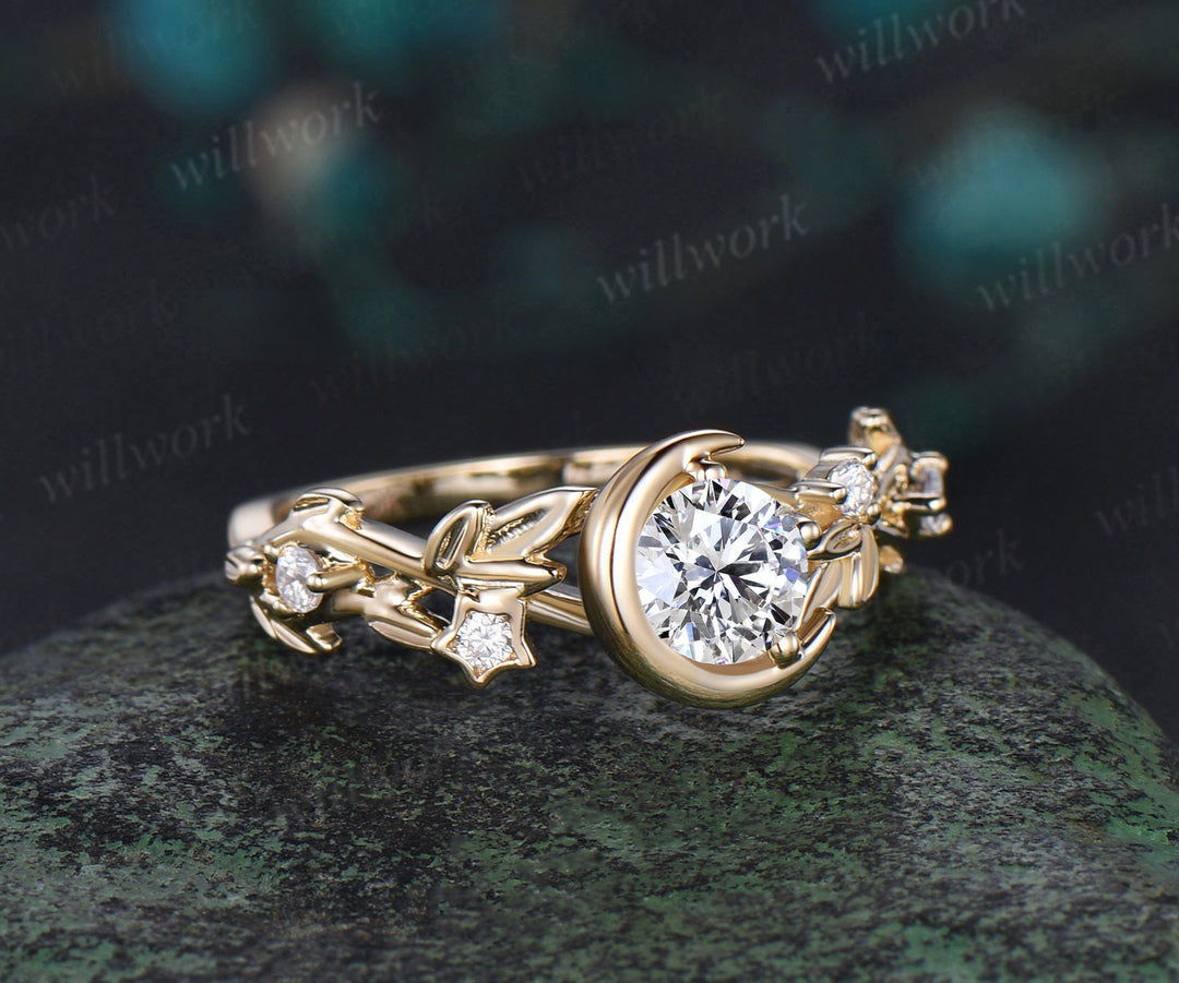 Vintage round cut IGI Lab grown diamond engagement ring solid 14k 18k yellow gold Moon leaf star promise wedding ring women jewelry