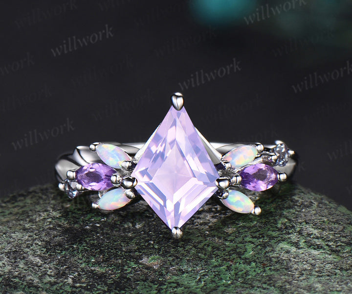 Enchanting kite cut 14k Gold Lavender Amethyst Butterfly Engagement Ring Set with Vine Branch Accents