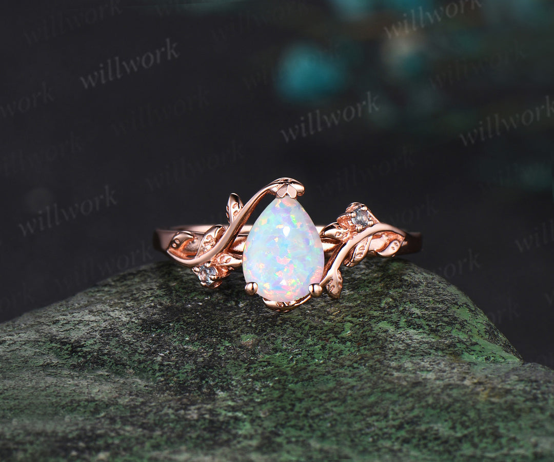 Vintage pear White Opal engagement ring rose gold cluster leaf Moss Agate nature inspired bridal promise wedding ring set women